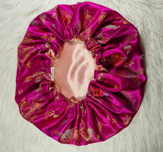 Cerise Pink Chinese Print Satin Bonnet| Limited Edition