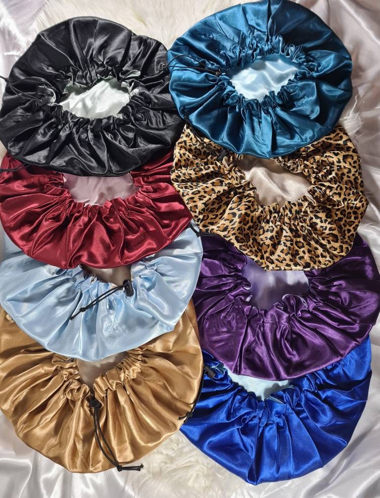 Adjustable Drawstring Reversible Satin hair bonnet|Satin Elasticated, Sleep Hat Bonnet, Headscarf. Night Cap, Protecting Hairstyle.