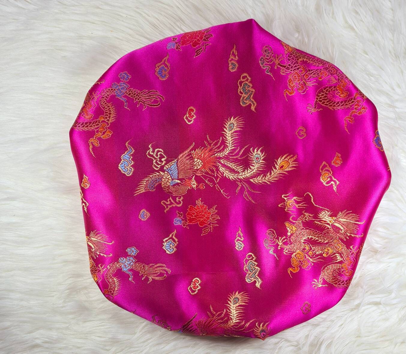 Cerise Pink Chinese Print Satin Bonnet| Limited Edition