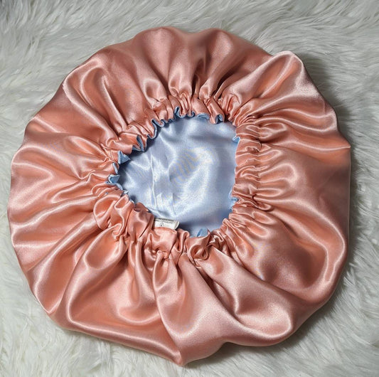 Dusky Pink And Light Blue Reversible Satin hair bonnet | Satin Elasticated Sleep Hat Bonnet. Headscarf. Night Sleep. Protecting Hairstyle.